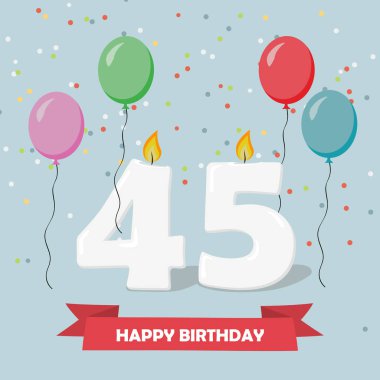 45 yaş selebration. Mutlu Doğum günü tebrik kartı ile mumlar, konfeti ve balon.