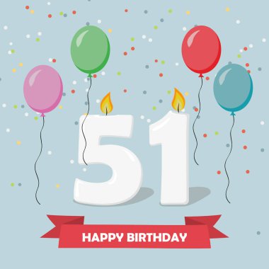 51 yaş selebration. Mutlu Doğum günü tebrik kartı ile mumlar, konfeti ve balon.
