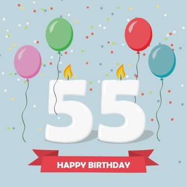 55 yaş selebration. Mutlu Doğum günü tebrik kartı ile mumlar, konfeti ve balon.