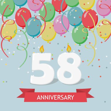 58 yaş selebration. Mutlu Doğum günü tebrik kartı ile mumlar, konfeti ve balon.