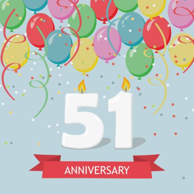 51 yaş selebration. Mutlu Doğum günü tebrik kartı ile mumlar, konfeti ve balon.