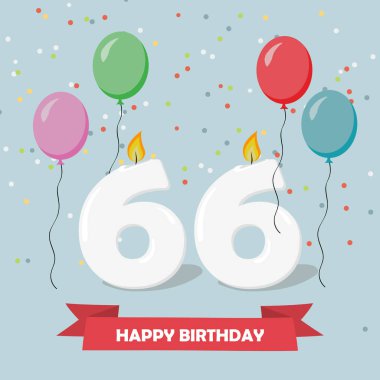 66 yıl selebration. Mutlu Doğum günü tebrik kartı ile mumlar, konfeti ve balon.