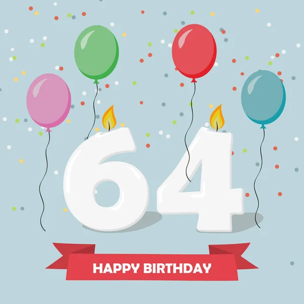 64 yıl selebration. Mutlu Doğum günü tebrik kartı ile mumlar, konfeti ve balon.
