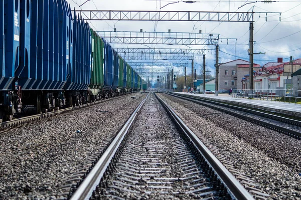 Freight Train Blue Green Wagons Parked Railway Station Rails Distance — Stock Photo, Image