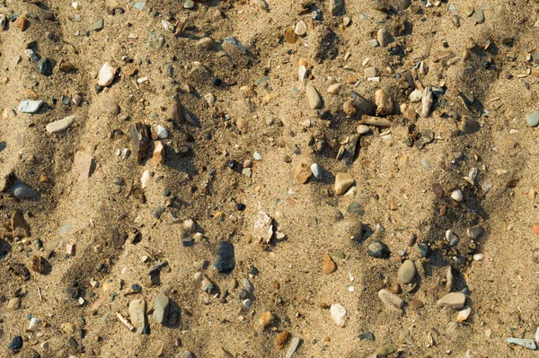 Gelber Sand Strand Mit Kieseln Und Kleinen Stöcken Kieselsteine Verschiedenen — Stockfoto