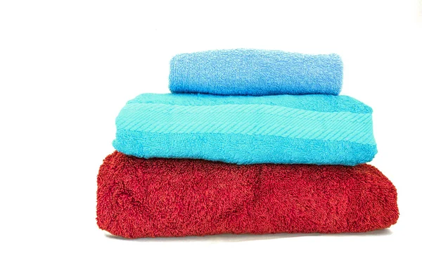 Heap Colored Fluffy Fabric Towel Closeup Shot White Isolated — Stock Photo, Image