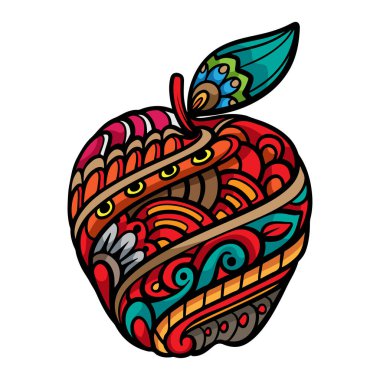 Beyaz arka planda izole edilmiş renkli elma meyvesi mandala sanatı