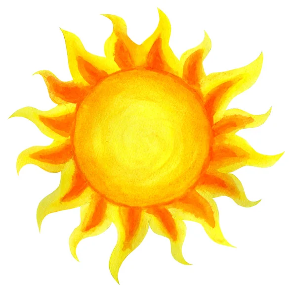 Soltecknad Akvarell Barnens Illustration Solen Ritad För Hand Isolerad Vit — Stockfoto