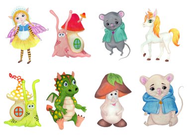 Bir dizi çizgi film karakteri. Fare, salyangoz, peri, tek boynuzlu at, ejderha ve mantar. Beyaz bir arka planda izole edilmiş. Çocukların el çizimi suluboya çizimi.