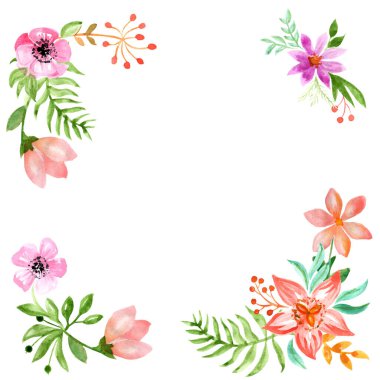 Beyaz bir arka planda suluboya çiçekleri, yapraklar, eğreltiotu, böğürtlen ve tomurcuklardan oluşan bir çerçeve. Doğal elle boyanmış tasarım nesnesi.