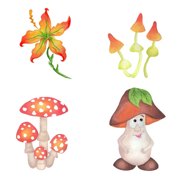 Set of cartoon characters. Mushrooms, fly agaric and red flower. Isolated on a white background. Children\'s hand-drawn watercolor illustration.
