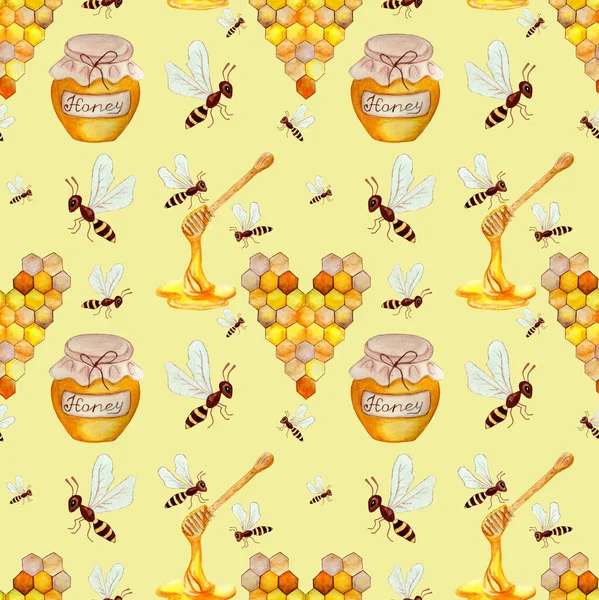 Seamless children\'s pattern with bees, a jar of honey, a wooden spoon, honeycomb heart on a beige cream background. Watercolor drawings of nature and a healthy lifestyle.