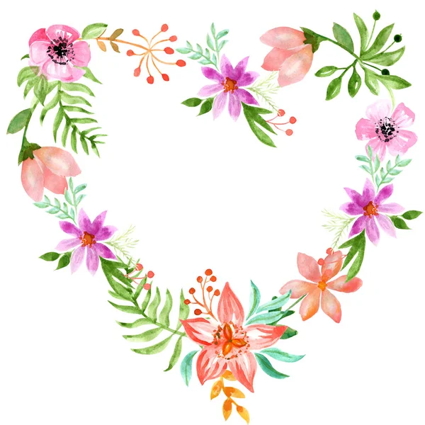 Heart frame from simple flowers, leaves, fern, berries and twigs. Colorful floral hearts, watercolor drawing. Isolated white background.
