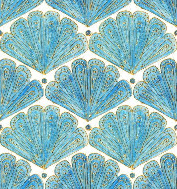 Sarı çizgileri ve noktaları olan mavi yelpaze şekilli bir model. Doğulu tasarım. Deniz kabuğu basit bir dürtüdür. Kusursuz altın geometrik