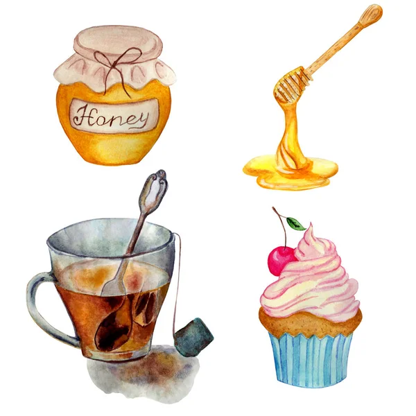 Uma Festa Chá Aquarela Ilustração Xícara Chá Cupcake Com Creme — Fotografia de Stock