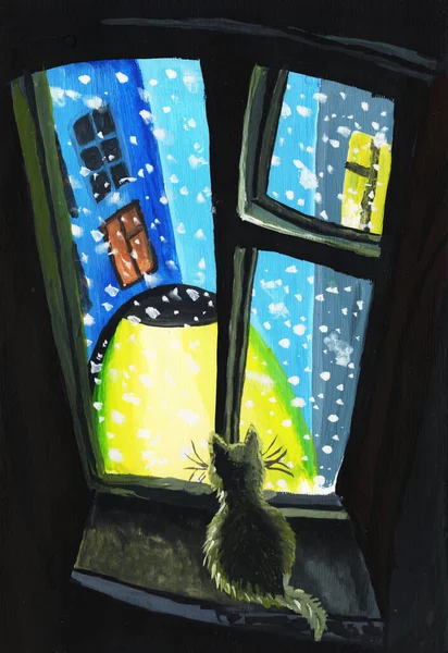 Bir kedi pencereye oturur ve sokağa bakar, bir fener parlar ve kar yağar. Resim şu şekilde çizilmiş...