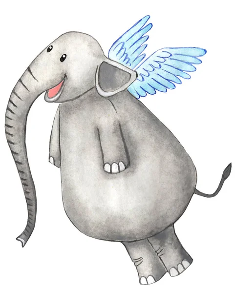 Радісний Слон Крилами Спиною Довгим Багажником Мальована Вручну Дитяча Ілюстрація — стокове фото