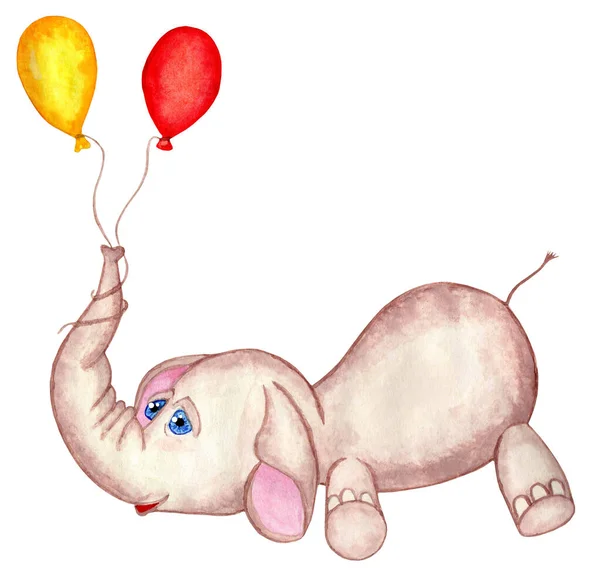 Elefante Che Vola Palloncini Gialli Rossi Illustrazione Bambini Isolato Uno — Foto Stock