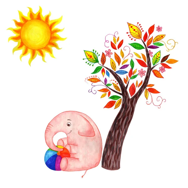 Pembe bir fil bir peri ağacının altında oturur ve çok renkli bir top tutar ve güneş parlar. Beyaz arka planda izole edilmiş çocuk resimleri. El çizimi..