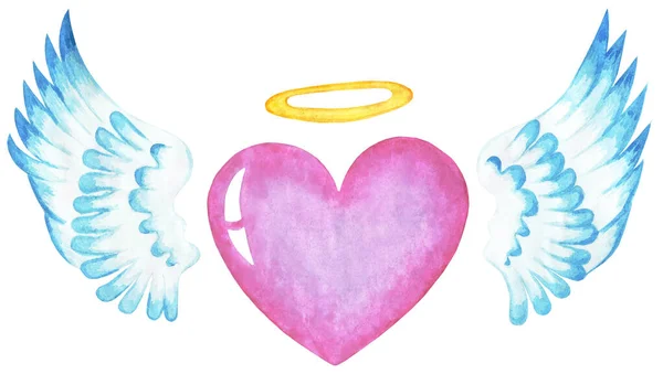 粉红的心 有天使般的翅膀和光环 情人节 宗教插图 被白色的背景隔离了手绘的 — 图库照片