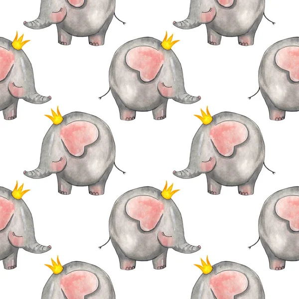 Cute little elephant in the crown. Seamless pattern isolated on white background. Hand-drawn children\'s illustration.