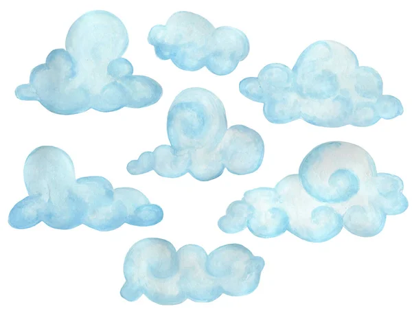 Niebieskie Puszyste Chmury Zestaw Ilustracji Dla Dzieci Ręcznie Rysowane Izolacja — Zdjęcie stockowe