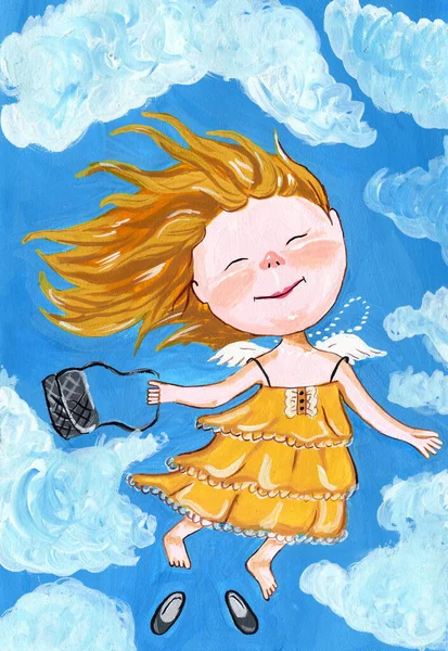 小さな翼を持つ天使の女の子が雲の中に飛び 彼女はブロンドの髪 黄色のサンドレスとハンドバッグを持っています 彼女は幸せだ 子供用イラスト — ストック写真