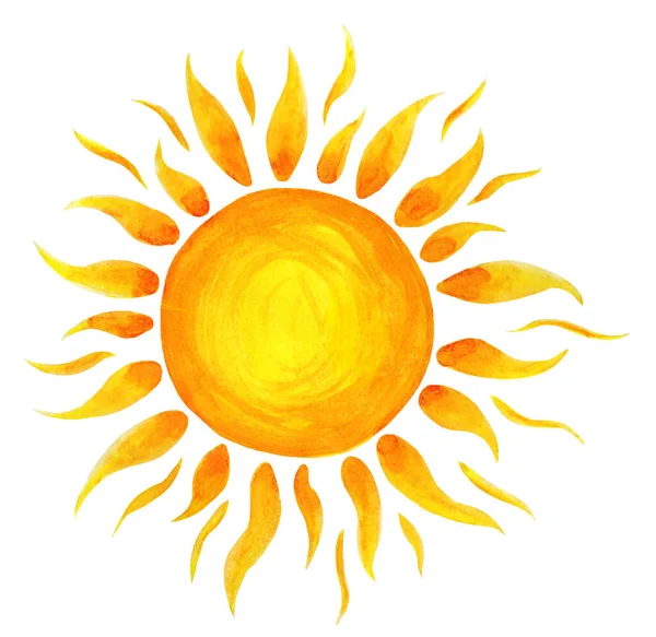 Sun cartoon watercolor. Children\'s illustration of the sun drawn by hand. isolated on a white background. Sunrise sunset.