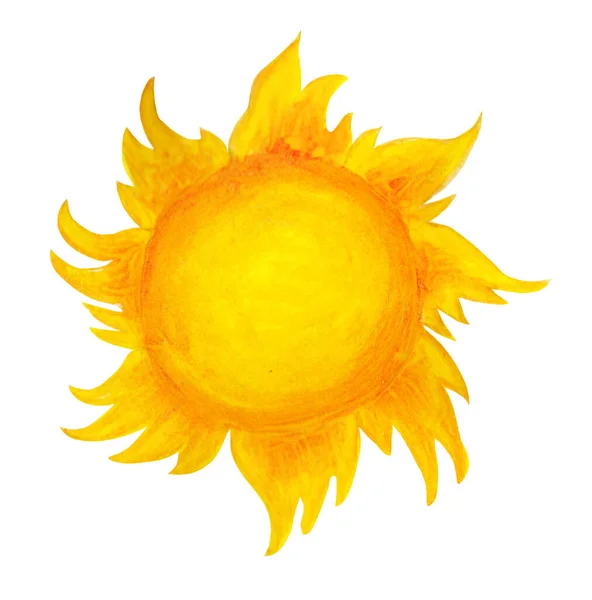 Солнечная Акварель Детская Иллюстрация Солнца Нарисованная Вручную Изолированы Белом Фоне — стоковое фото
