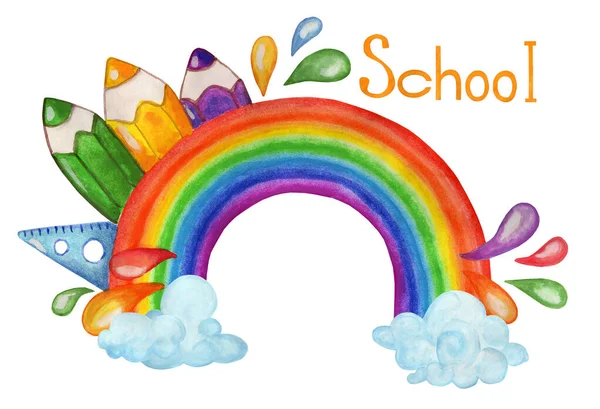 Rainbow with clouds, pencils on it and the inscription school. Children\'s illustration. Hand-drawn. Isolated on white background.