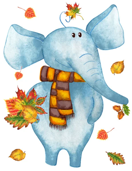 秋の葉の花束をスカーフで象 こんにちは 葉が落ちる 子供のイラスト 白い背景に隔離されている 手描き — ストック写真