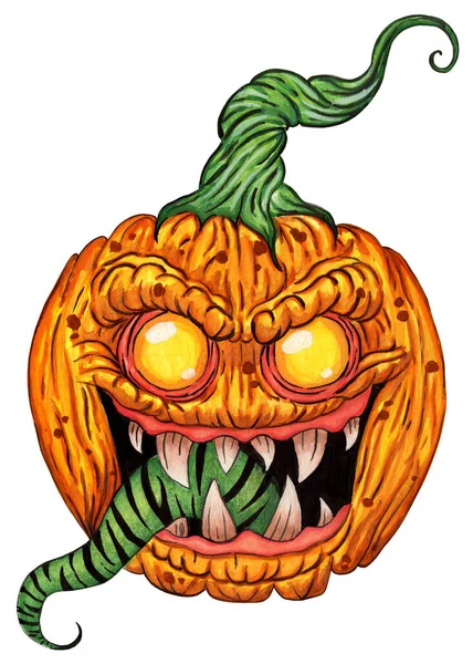 Pumpkin Demonic Gaze Terrible Teeth Long Green Tongue Halloween Symbol — Stock Photo, Image