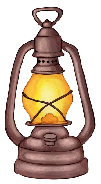 Antique oil lamp. A kerosene lamp for Halloween. Watercolor illustration isolated on white background.