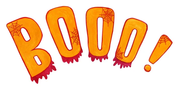 Żółty Tekst Boo Czerwonymi Paskami Pajęczynami Ilustracja Halloween Odizolowany Białym — Zdjęcie stockowe