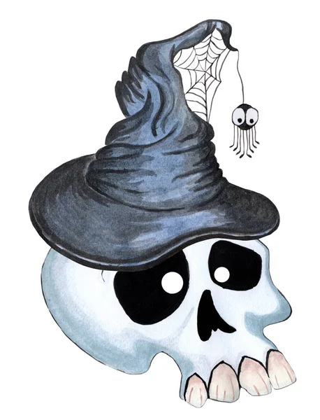 Crazy skull with big teeth in an old witch hat. Illustration for Halloween. Isolated on white background. Watercolor illustration.