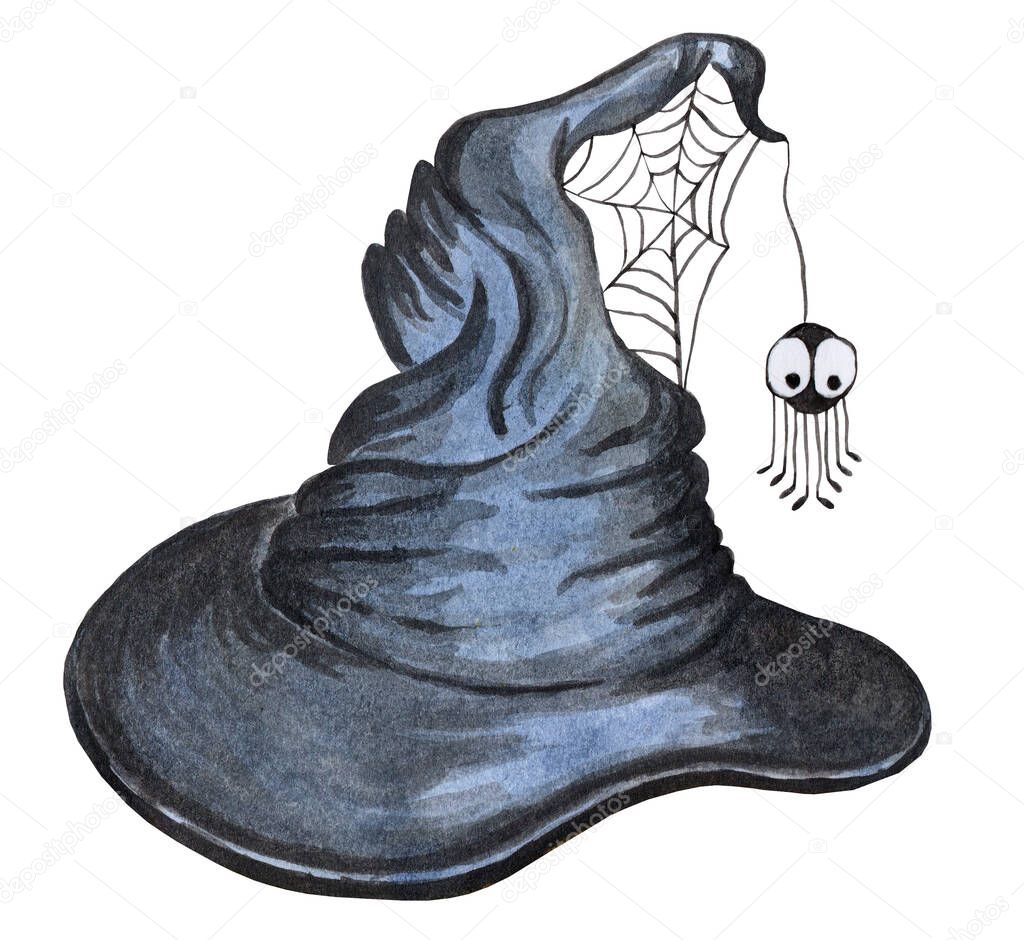 Old witch hat with cobwebs and spider. Illustration for Halloween. Isolated on white background. Watercolor illustration.