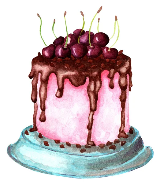 Sweet Pink Cake Chocolate Icing Juicy Cherries Festive Illustration Thanksgiving — Stock Photo, Image