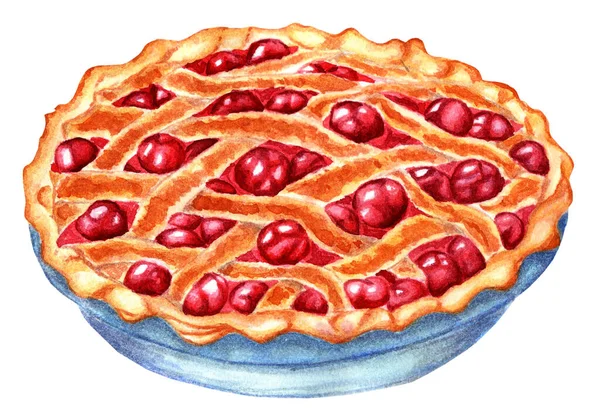 Wicker Cherry Pie Golden Crispy Crust Lots Juicy Cherries Watercolor — Stock Photo, Image