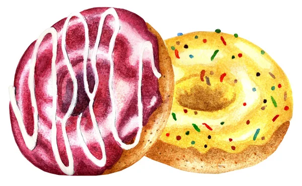 Two Donuts Covered Glaze One Yellow Pastry Sprinkles Other Cherry — Stock Photo, Image