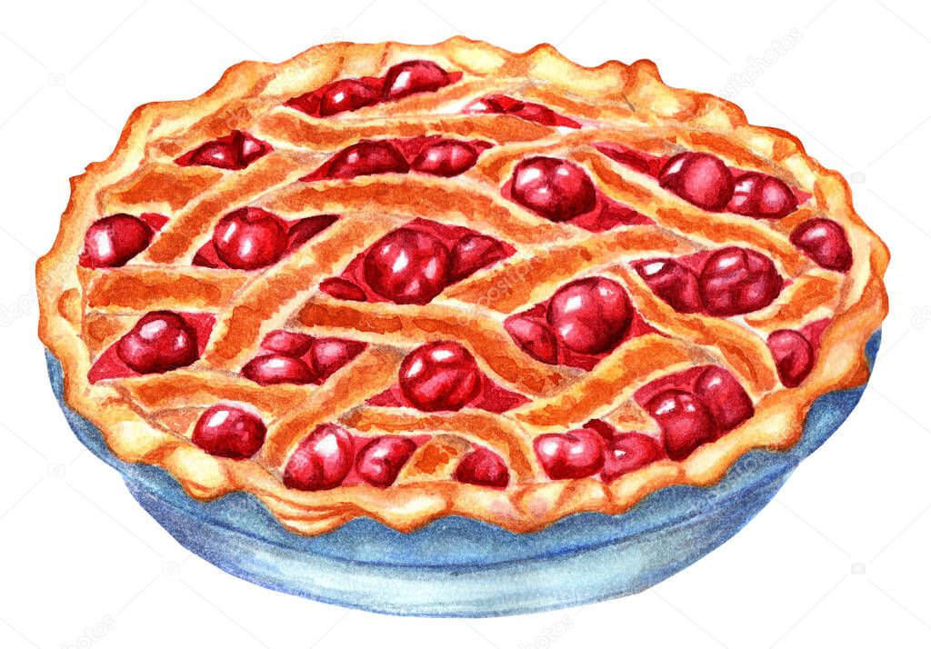 Wicker cherry pie, golden with a crispy crust, lots of juicy cherries. Watercolor illustration. Isolated on white background. Drawn by hand.