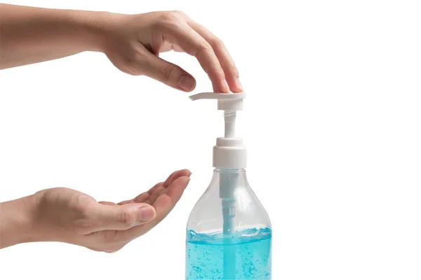 Hand Pumping Blue Ethyl Alcohol Gel Protection Coronavirus Isolated White — Stock Photo, Image