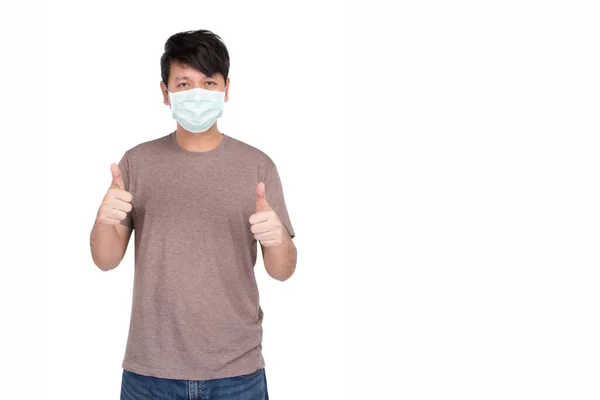 Homme Asiatique Portant Masque Protection Chirurgicale Montrant Les Pouces Levés — Photo