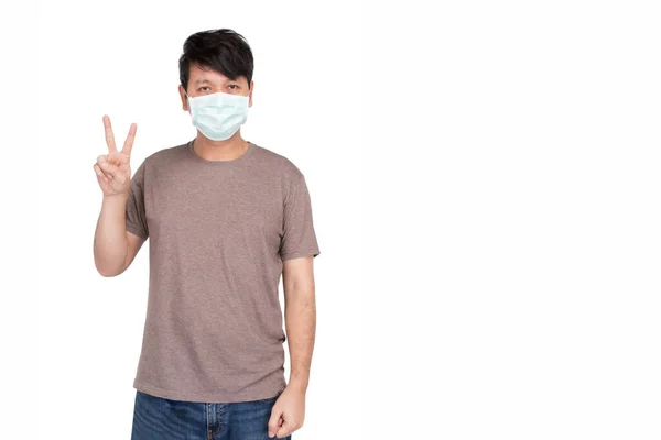 Homme Asiatique Portant Masque Chirurgical Protection Visage Lever Main Avec — Photo