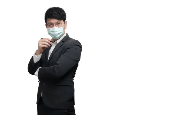Asiatisk Affärsman Bär Kirurgisk Ansiktsmask Formell Svart Kostym Jacka Hand — Stockfoto
