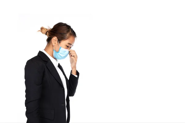 Vue Latérale Femme Affaires Asiatique Portant Masque Chirurgical Dans Une — Photo