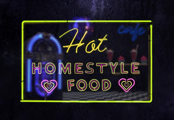 Hot Homestyle Food Neon Bejelentkezés Esőablak — Stock Fotó