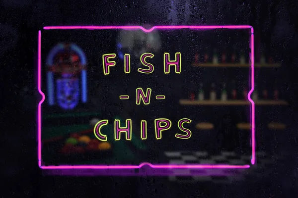 Neon Fish Chips Sign Rainy Window — Stock Photo, Image