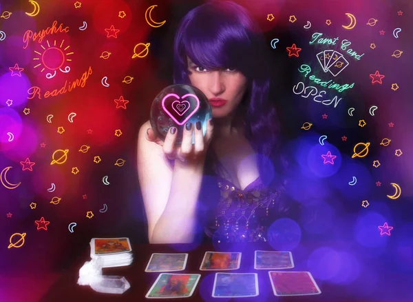 Psychic Tarot Card Reader Purple Hair Crystal Ball Neon Lights — Stock Photo, Image