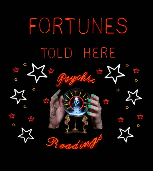 Neon Fortune Teller Sign Crystal Ball Photo Composite — Stock Photo, Image