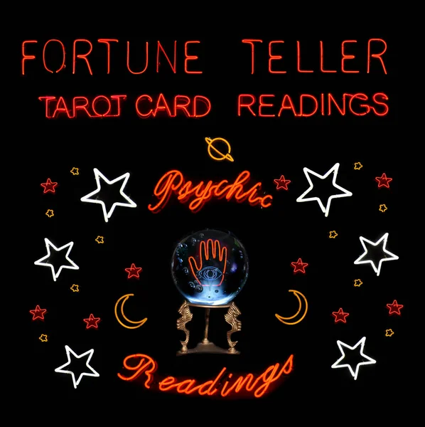 Neon Fortune Teller Sign Crystal Ball Photo Composite — Stock Photo, Image